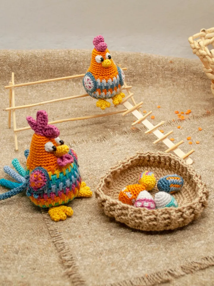 Amigurumi Easter chicken family: Rooster with Hen sitting on her nest with 5 eggs, Easter decor Set of farmhouse birds