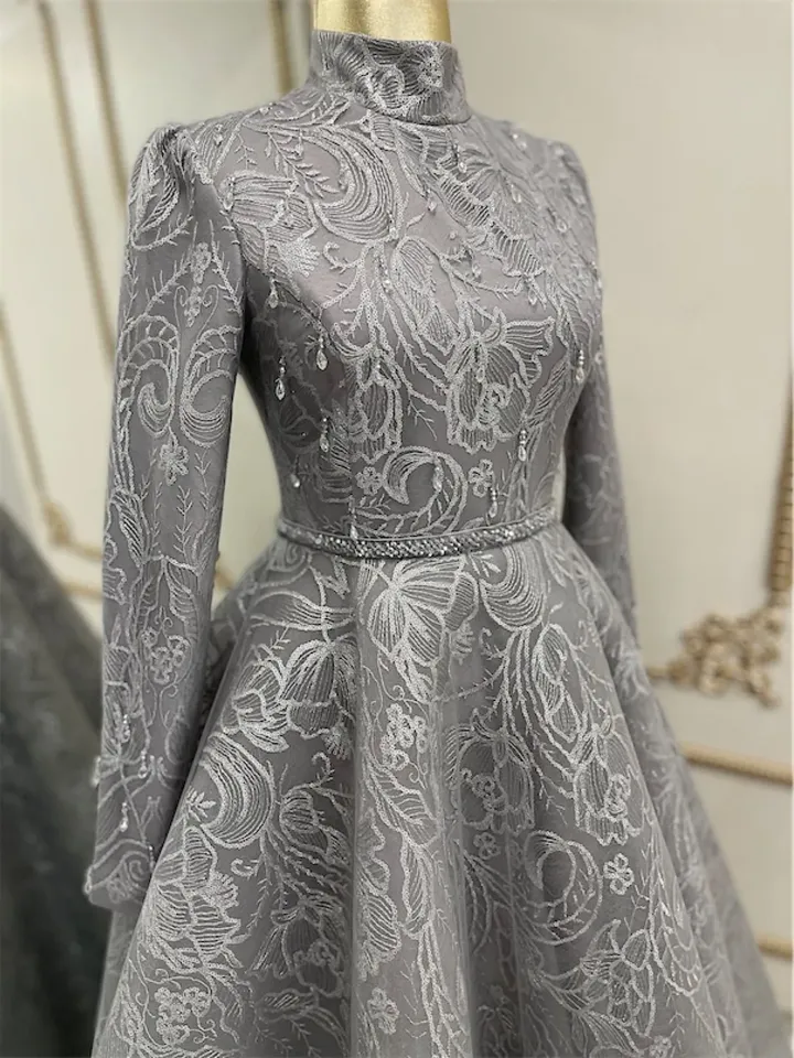 AHUNARE HIJAB - Burç Grey Lace Embroidered Wedding Dress, Muslim Evening Gown, Nikah, Islamic Wedding, Engagement, Bridesmaid,