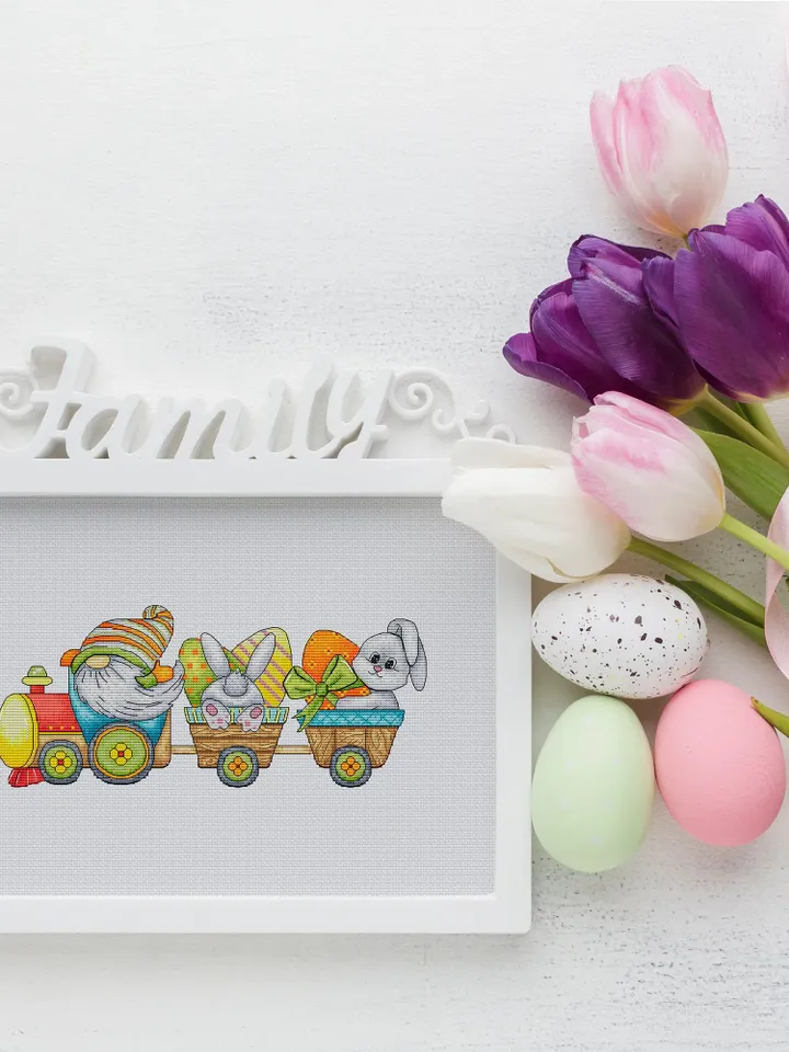 Easter Gnome Cross Stitch Pattern PDF, Easter Bunny Embroidery Pattern PDF, Modern cross stitch, Easter Train Cross Stitch Pdf Pattern