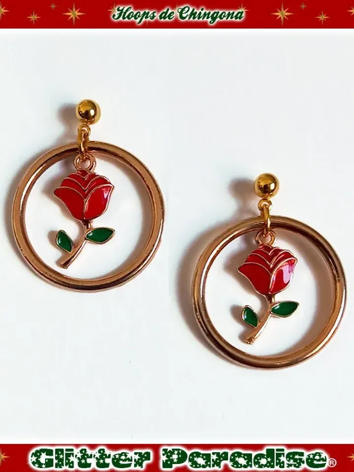 Hoops de Chingona - Earrings - Hoops and Red Rose - Rose Love - Gold Hoops & Rose - Latina Hoops - Latina Love Jewelry - Glitter Paradise®