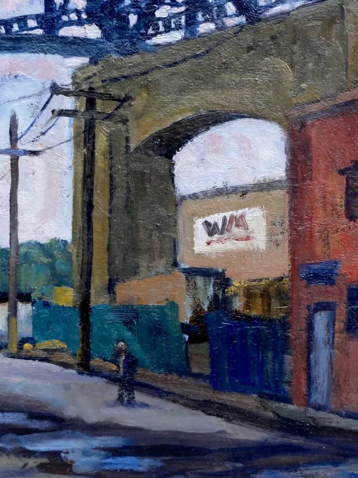 Original Vintage Greenpoint Cityscape Painting - Under the Kosciuszko Bridge/Brooklyn/NYC - 14x18 Oil on Canvas, New York Landscape