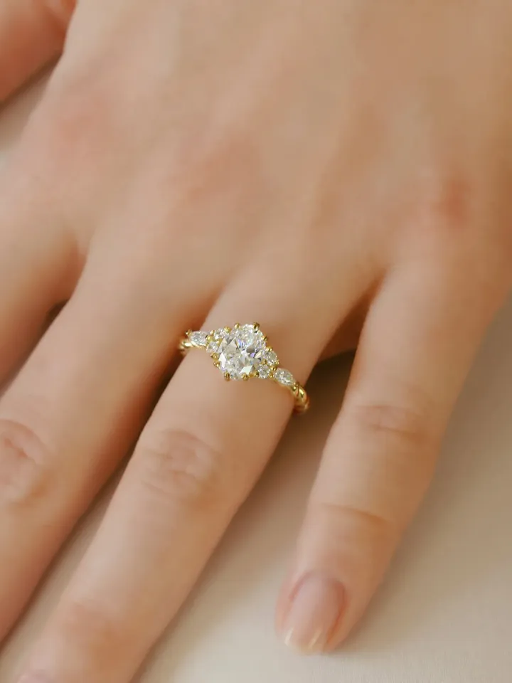 OVAL MOISSANITE RING | Moissanite 2 Ct Halo Diamond Gold Ring | Oval Wedding Ring | Gift For Engagement | 14k Gold Marquise Cluster Ring