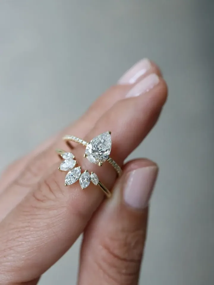 Pear Cut Moissanite 9x6mm 1.75ct.Wedding Ring With Matching Pear Cut Moissanite Band,Valentine Gift,Gift ForHer,AnniversaryRing,Perfect gift