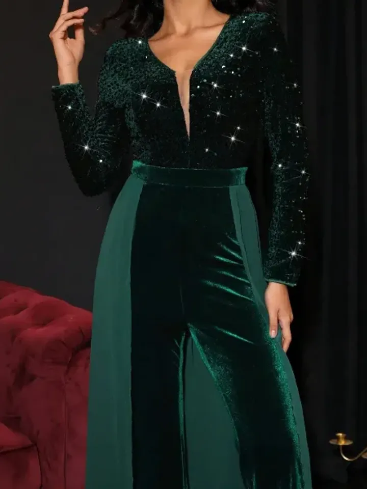 Sequin Velvet V Neck Long Sleeve Flare Leg Jumpsuit With Mesh Skirt Party Prom Cocktail Wedding Evening Women Ladies