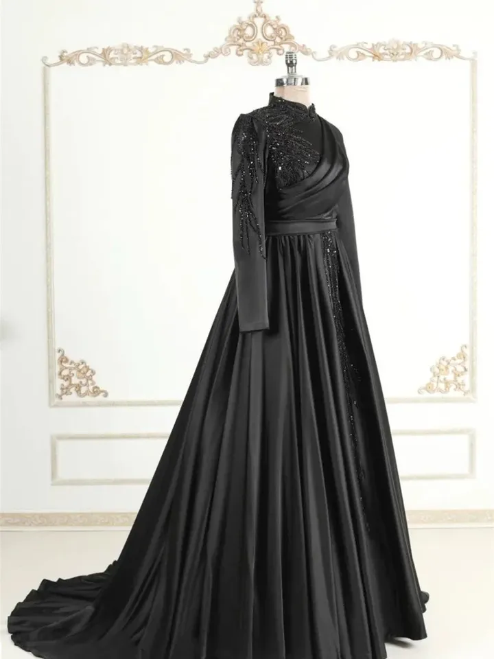 AHUNARE HIJAB - Hürrem Black Embroidered Wedding Dress, Muslim Evening Gown, Nikah, Islamic Wedding, Engagement, Bridesmaid,