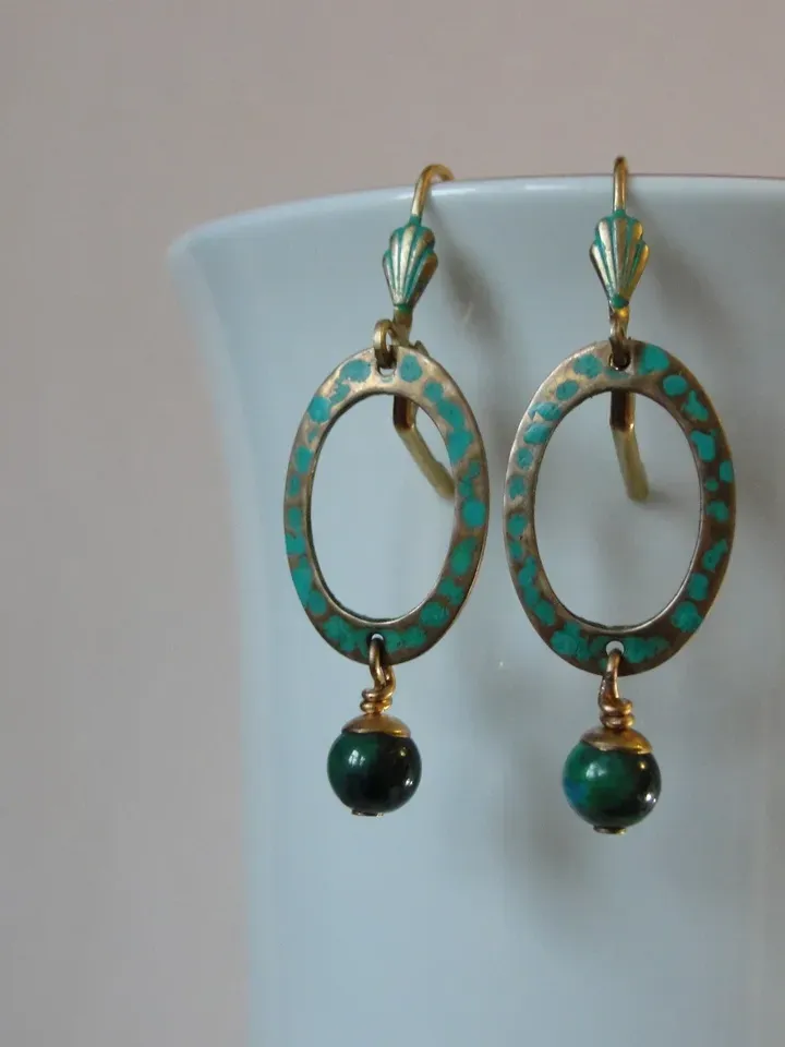 Boho Shabby chic Vintaj solid and natural brass Chrysocolla earrings Textured patinated