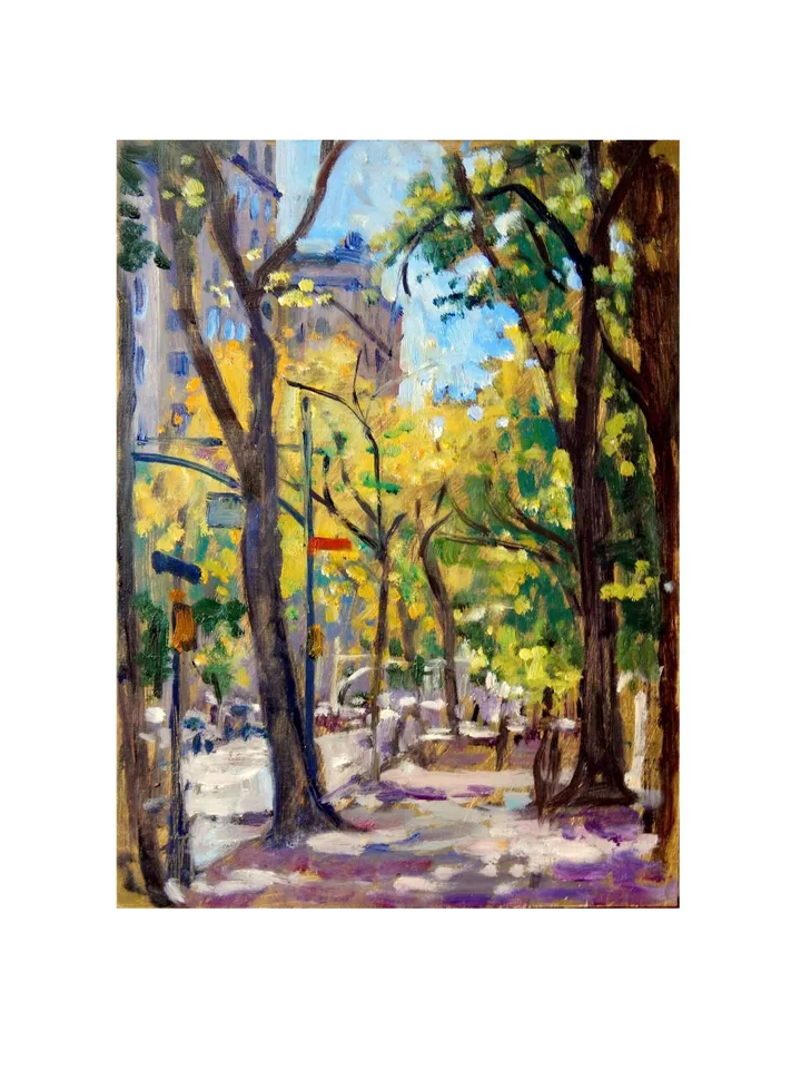 9x12 New York City Landscape Painting - Central Park/Autumn on Fifth Ave NYC - Oil on Panel, Impressionist Cityscape, Original Fine Art