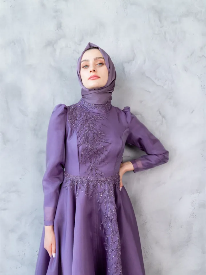 Mimoza Lilac Embroidered Ahunare Wedding Dress, Muslim Evening Gown, Nikah, Islamic Wedding, Engagement, Bridesmaid, Maxi Dress