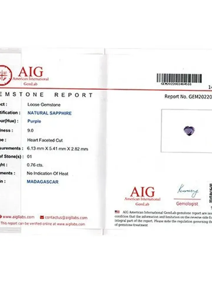 0.76 CT AIG Certified Exclusive Unheated 100% Natural Purple Sapphire Madagascar
