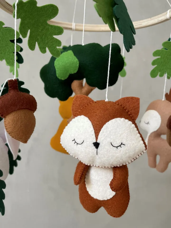 Woodland mobile baby nursery decor. Bunny dear fox mobile. Forest animals neutral baby mobile. Hanging crib mobile