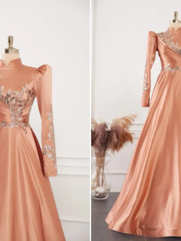 AHUNARE HIJAB - Nisa Salmon Satin Wedding Dress, Muslim Evening Gown, Nikah, Islamic Wedding, Engagement, Bridesmaid,