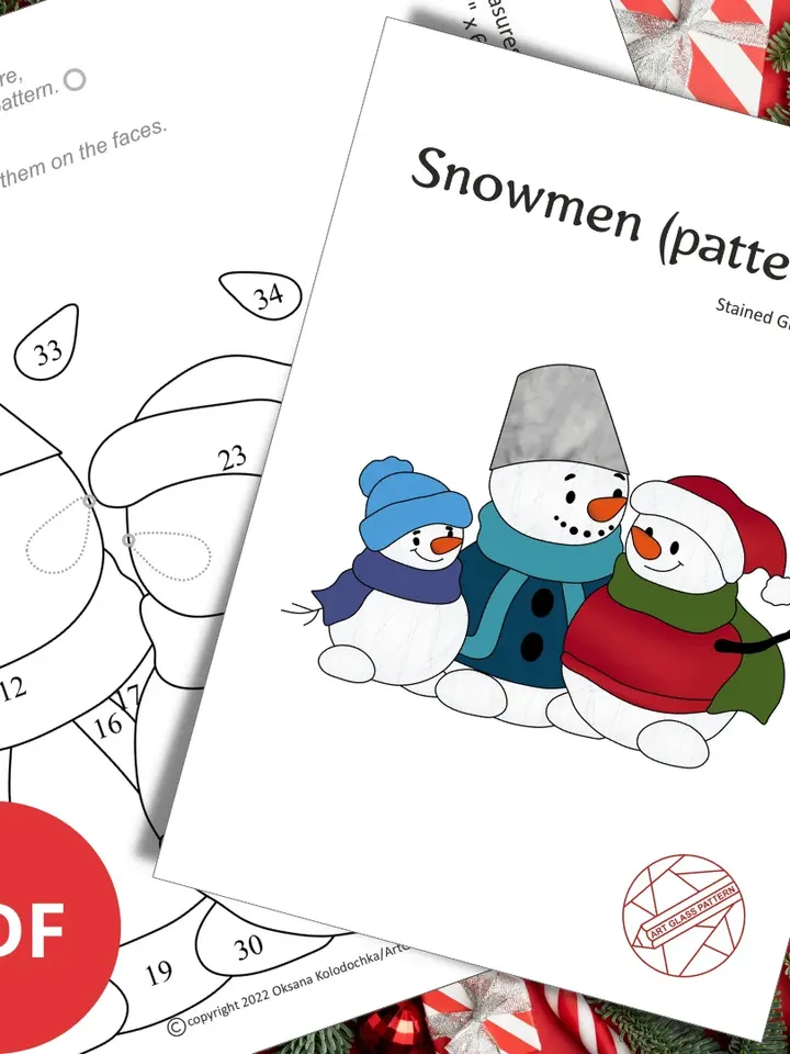 Stained Glass Christmas Pattern PDF - 3 hugging snowmen with a bucket and a Santa hat on their heads, Digital Download