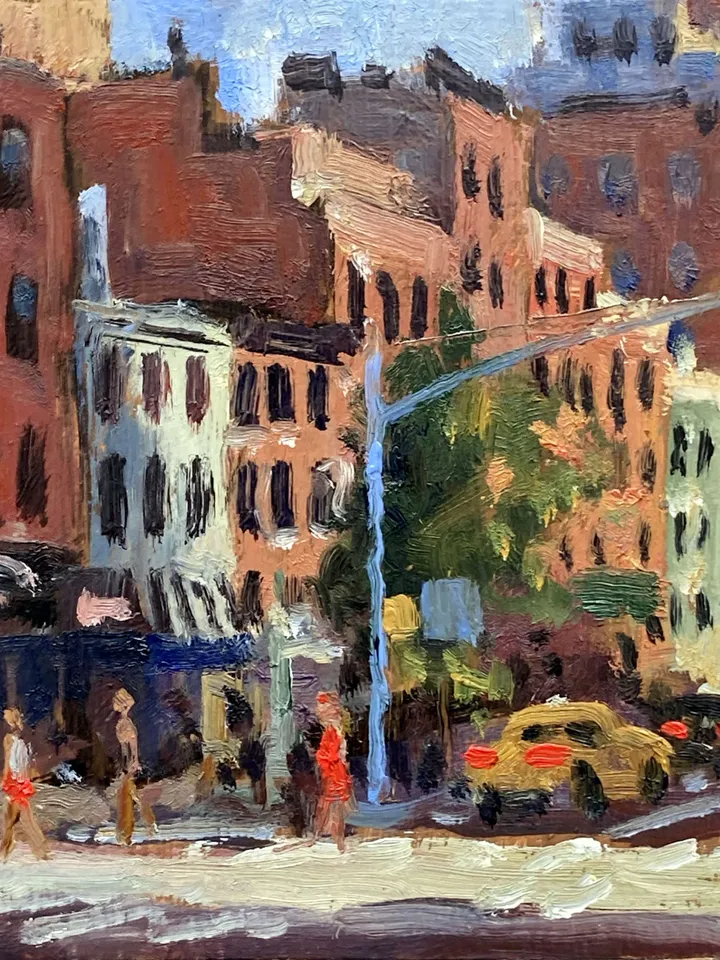 Small Original New York Cityscape Painting -Down 9th Ave/Chelsea/NYC- 4x4 Oil on Panel, New York Urban Impressionist Landscape