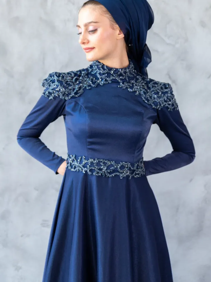 AHUNARE HIJAB - Bade Dress, Satin Dress, Navy Blue Color, Muslim Evening Dress, Nikah, Wedding, Engagement, Bridesmaid, ,