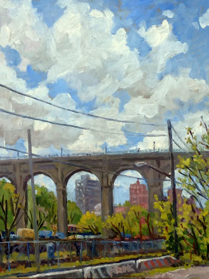 New York City Landscape Painting - Spring Light/High Bridge NYC - 11x14 Oil on Panel, Urban Industrial Realism, Signed Original Bronx Oil
