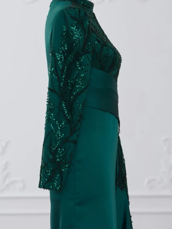 Tılsım Ahunare Green Satin Wedding Dress, Muslim Evening Gown, Nikah, Islamic Wedding, Engagement, Bridesmaid, Maxi Dress