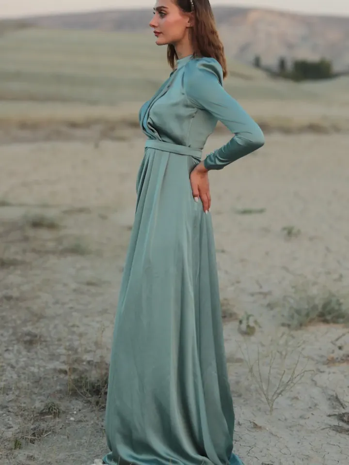 AHUNARE HIJAB - Irem Dress, Satin Dress, Mint Color, Muslim Evening Dress, Nikah, Wedding, Engagement, Bridesmaid, ,
