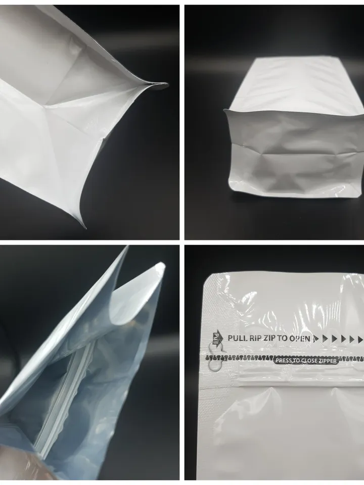 WHITE Shiny FLAT BOTTOM Pouch Zipper from Side with Valve option, Bags for Coffee Bean Tea herbal Candy glossy White beg, high quality bag