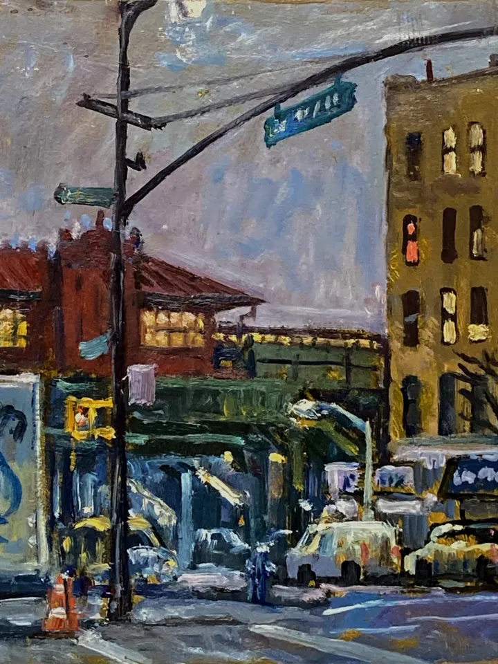 Original New York Cityscape Painting -215th St Station/Nocturne/NYC- 10x10 Oil on Panel, Signed Impressionist Night Scene, Urban Realism