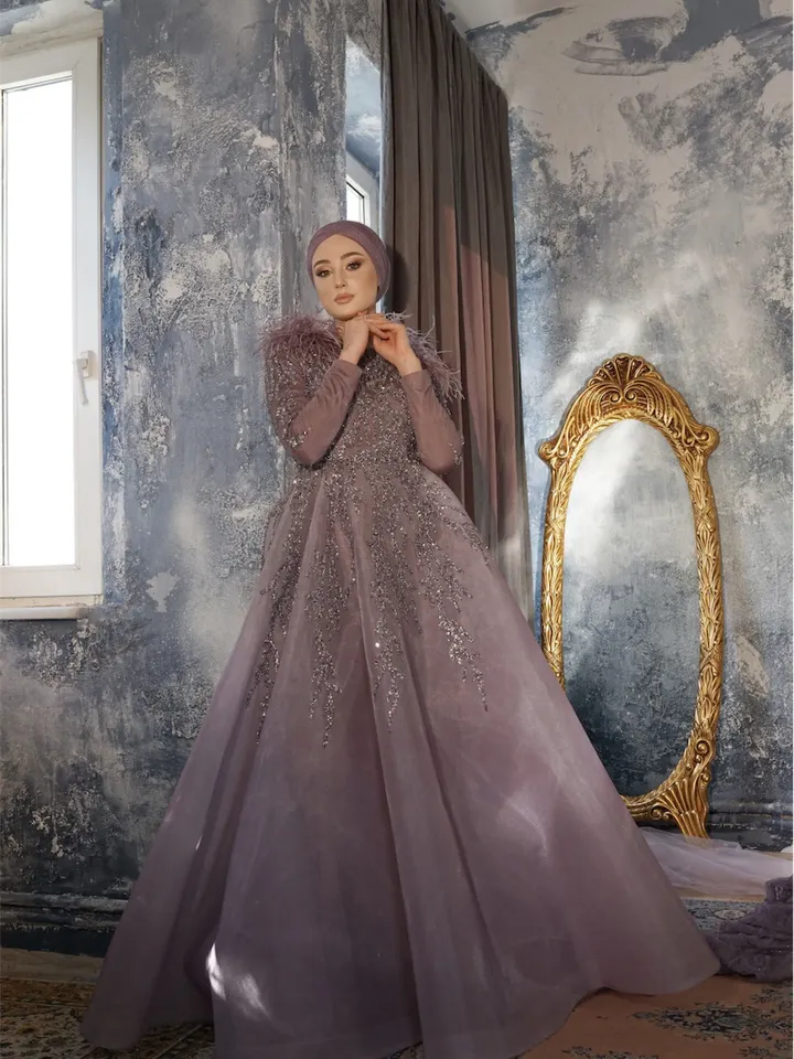 AHUNARE HIJAB - Diamond Rose Color Embroidered Princess Wedding Dress, Muslim Evening Gown, Islamic Wedding, Engagement, Bridesmaid,