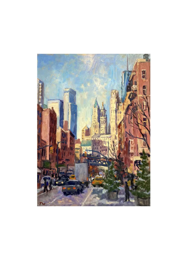Original New York Cityscape Painting - Downtown from Chinatown/NYC- 12x16 Oil on Panel, Plein Air Impressionist Landscape