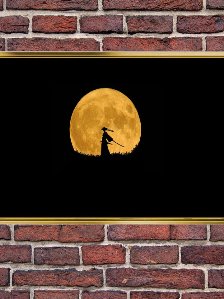 Full moon and Samurai Print on Canvas , Floating Frame Option, Modern Wall Art, Extra Large Canvas Wall Art