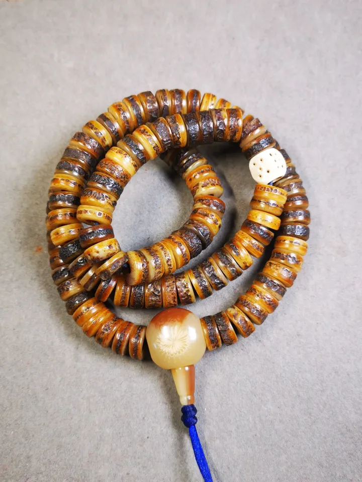 Gandhanra Original Tibetan Yak Bone Mala, Hand-carved Tibetan Prayer Beads Necklace,40 Years Old