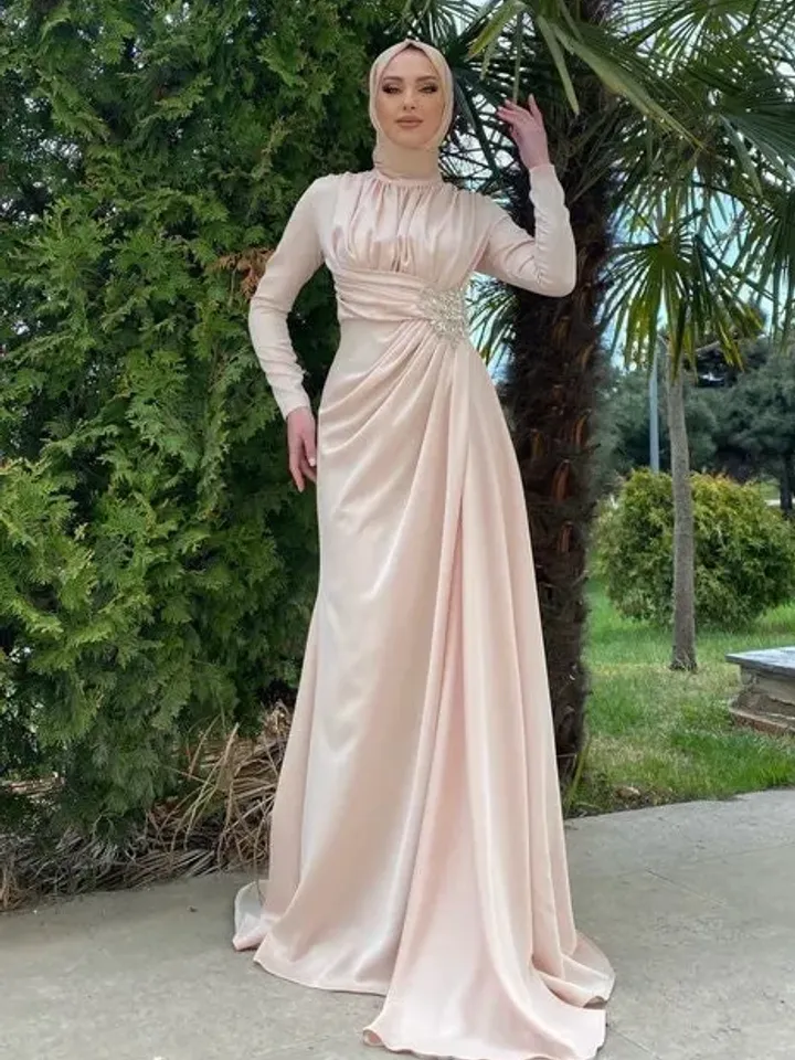 AHUNARE HIJAB - Berra Salmon Satin Wedding Dress, Muslim Evening Gown, Nikah, Islamic Wedding, Engagement, Bridesmaid,