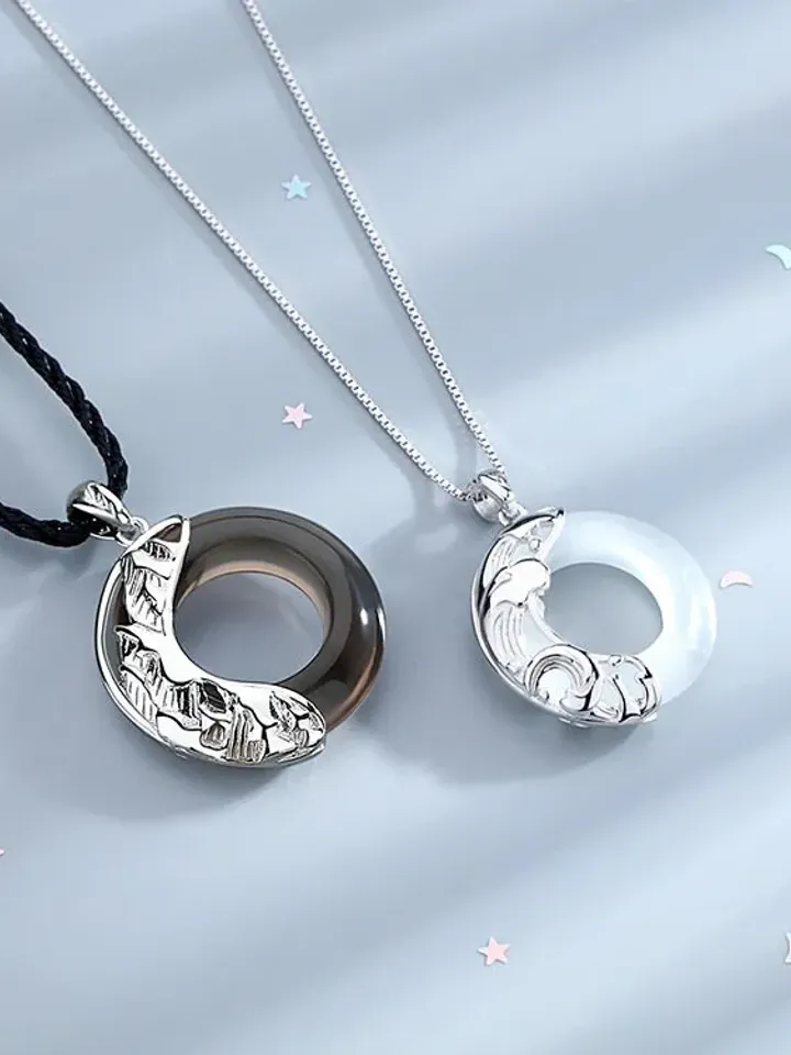 PERIMADE Mountain Ocean Couple Necklace • Matching Obsidian Opal Pendant • Long Distance Relationship Jewelry • Trendy Best Friend Gift