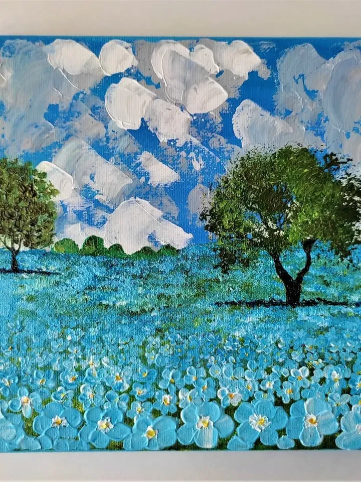 Blue floral canvas wall art, Landscape art, Bright floral wall art, Flower painting acrylic, Texture painting on canvas
