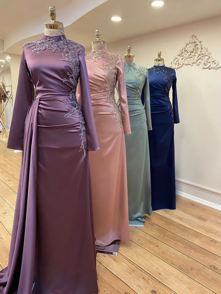 Eda Purple Satin Embroidered Side-Tailed Wedding Dress, Muslim Evening Gown, Nikah, Islamic Wedding, Engagement, Bridesmaid, Maxi Dress