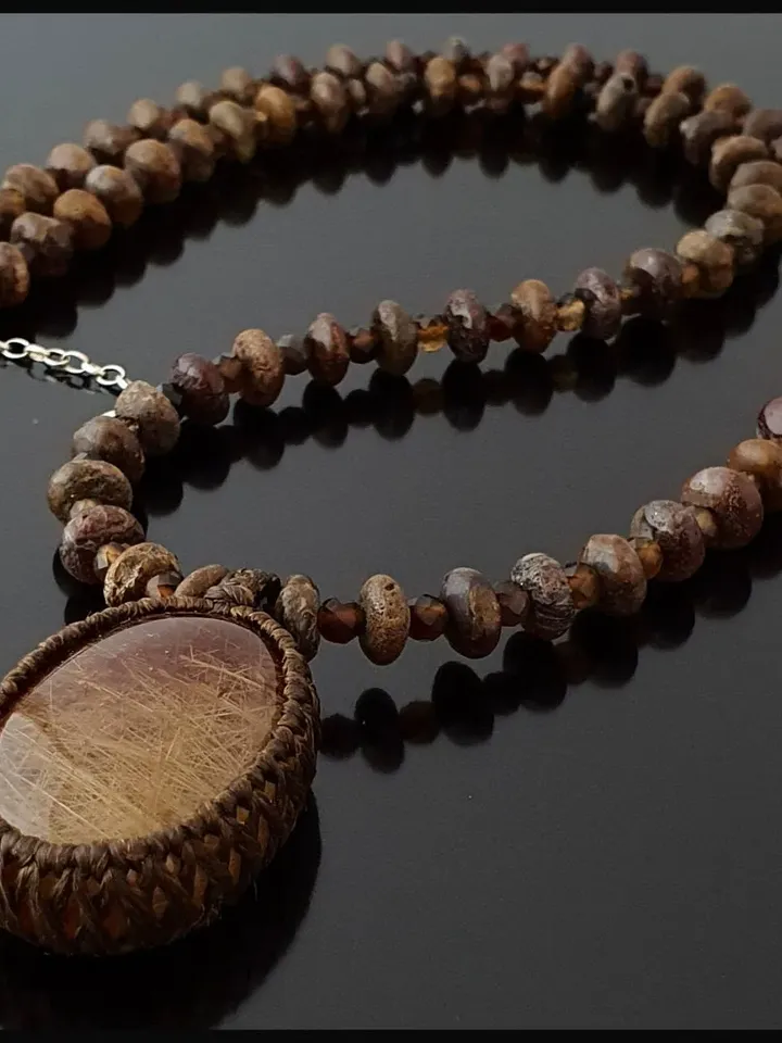 Silver Necklace with Brown Agate and Jasper Gemstone Beads and Rutilated Quartz Pendant, Rutil Quartz Handmade Necklace Gifts for