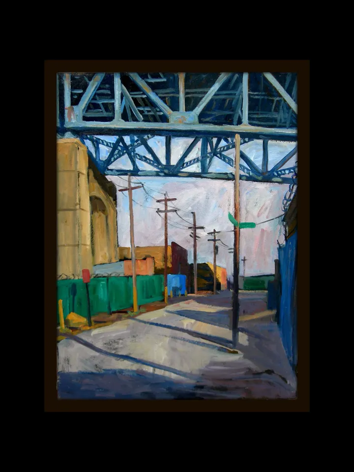 Original New York Cityscape Painting - Kosciuszko Bridge Shadows/NYC - 18x24 Oil on Canvas, Urban Industrial Art, Signed Original Fine Art