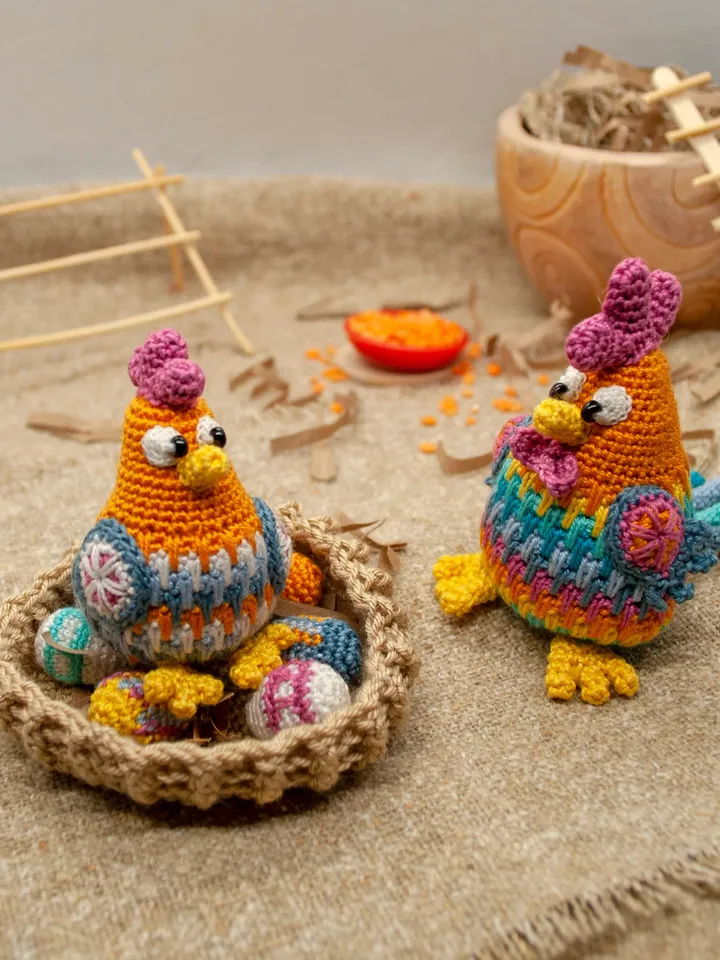 Amigurumi Easter chicken family: Rooster with Hen sitting on her nest with 5 eggs, Easter decor Set of farmhouse birds