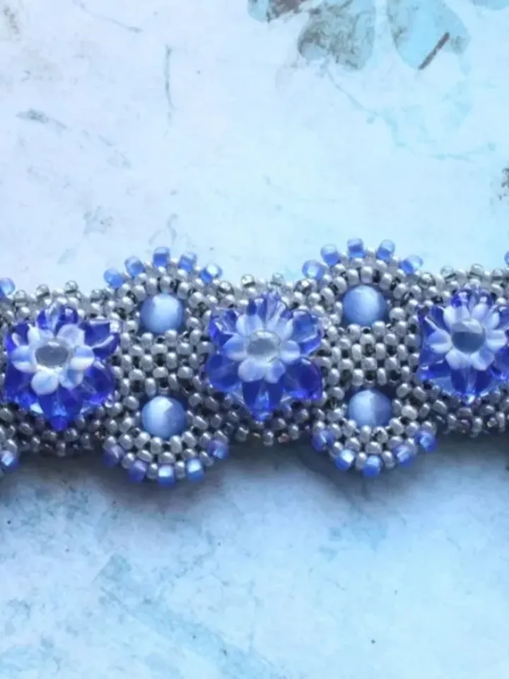 Gray blue cuff flower bracelet lampwork beads beaded bracelet