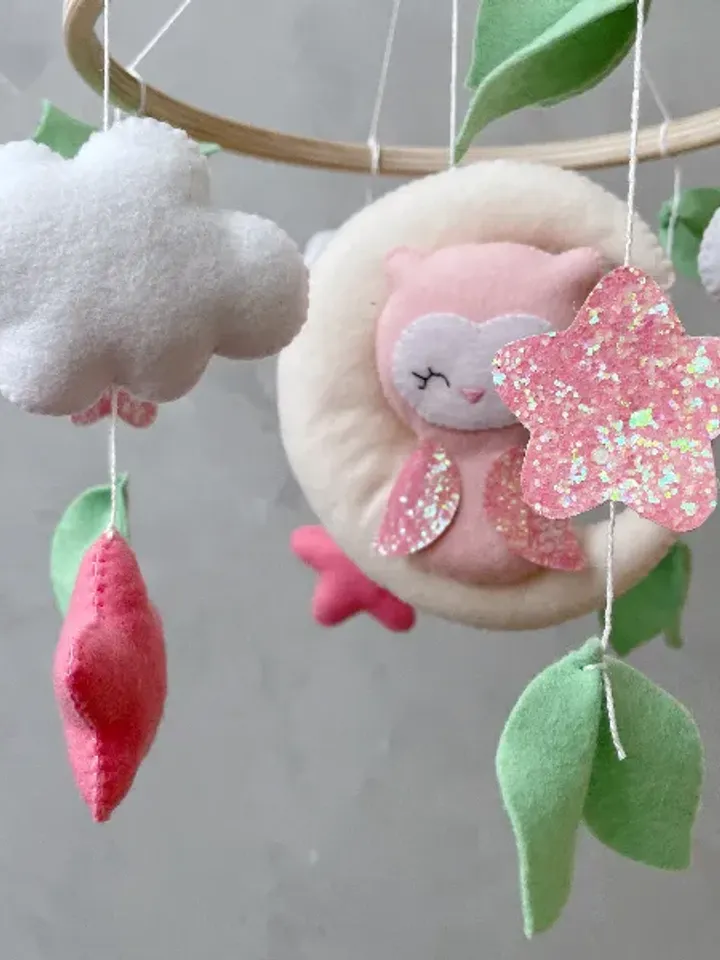 Owl crib mobile girl pink, Woodland baby mobile girl, Pink and mint nursery woodland decor