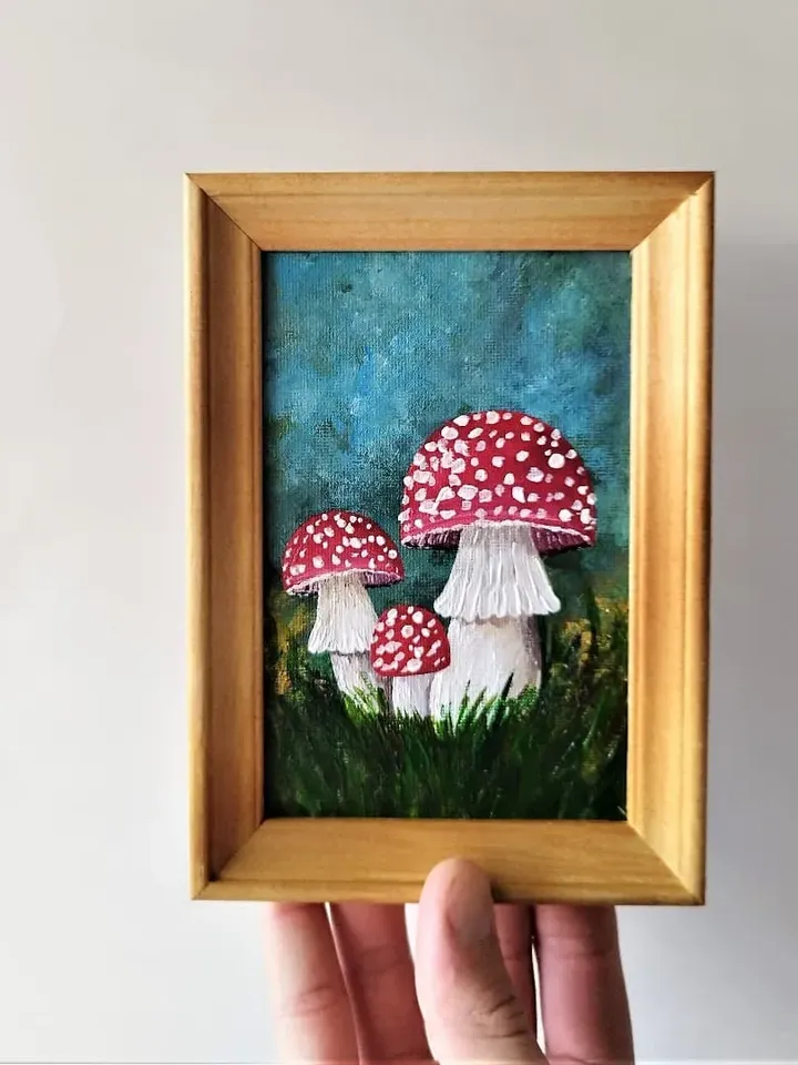 Realistic mushroom painting, Toadstool picture, 3 mushrooms, Impasto painting, Small wall decor