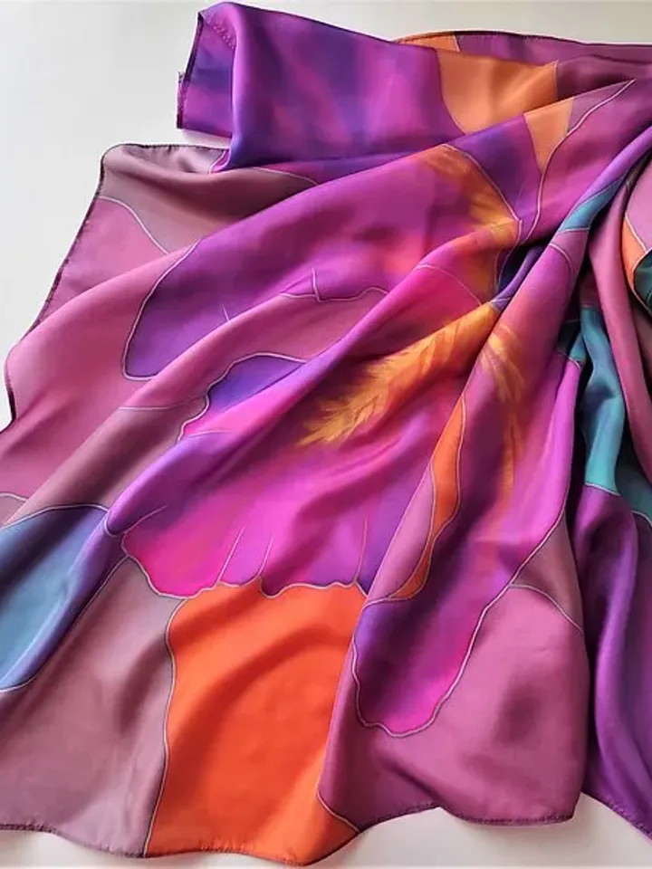 Bright square silk scarf Luxury hand painted silk scarf Floral silk head scarf
