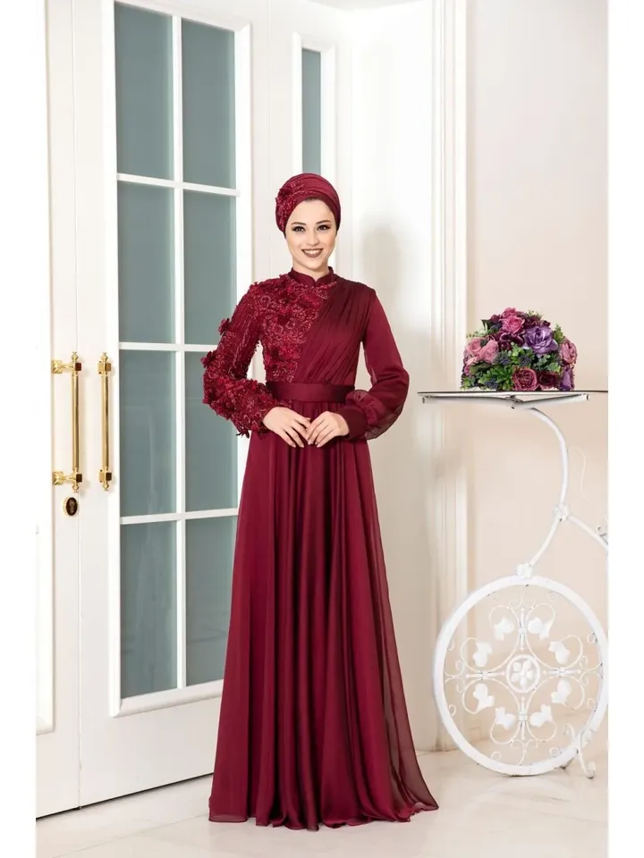 AHUNARE HIJAB - Melissa Burgundy Chiffon Belted Wedding Dress, Muslim Evening Gown, Nikah, Islamic Wedding, Engagement, Bridesmaid,