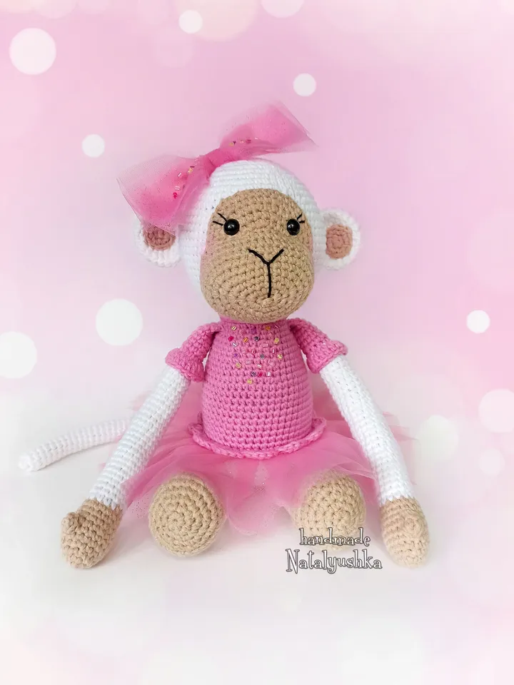 White Monkey soft Toy, Ballerina monkey, Handmade Monkey girl, Crochet monkey in a pink dress, Nursery decor