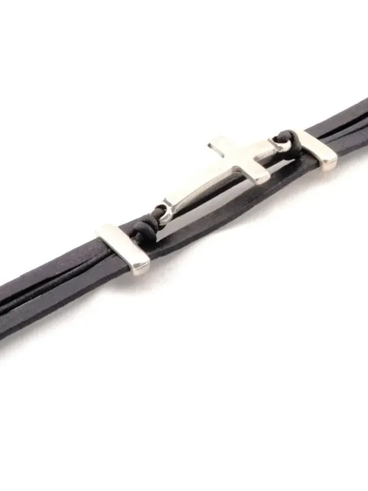 Sideways Cross Bracelet, Leather Bracelet for Men, Confirmation Baptism Gift, Christian Catholic Jewelry, Religious  Gifts for Men and Women