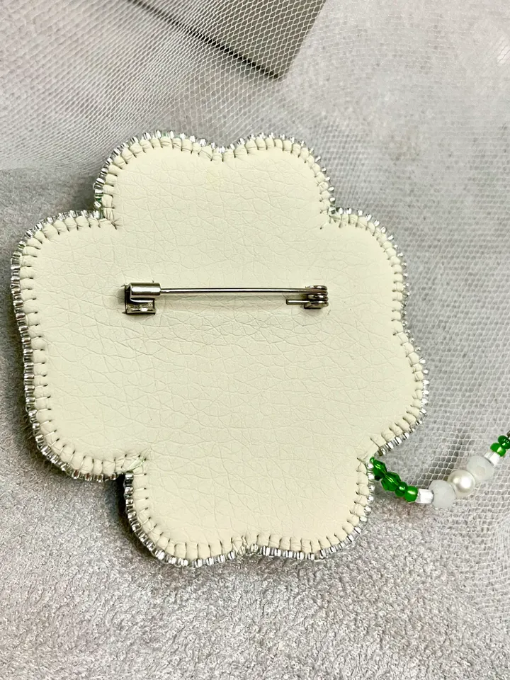 Clover Brooch, Beaded Jewelry, Handmade Embroidered Accessory, Light Green Shamrock Pin, Leaf Brooch, Handmade Brooch