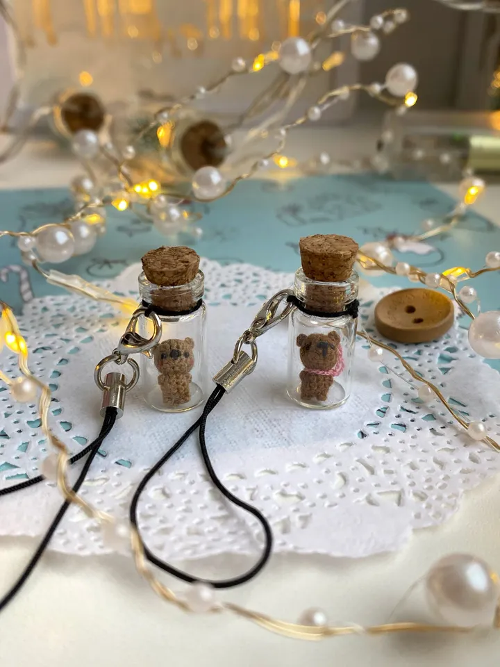 Micro crochet animals in glass bottle necklace long distance gift for best friends mini figurines glow in the dark