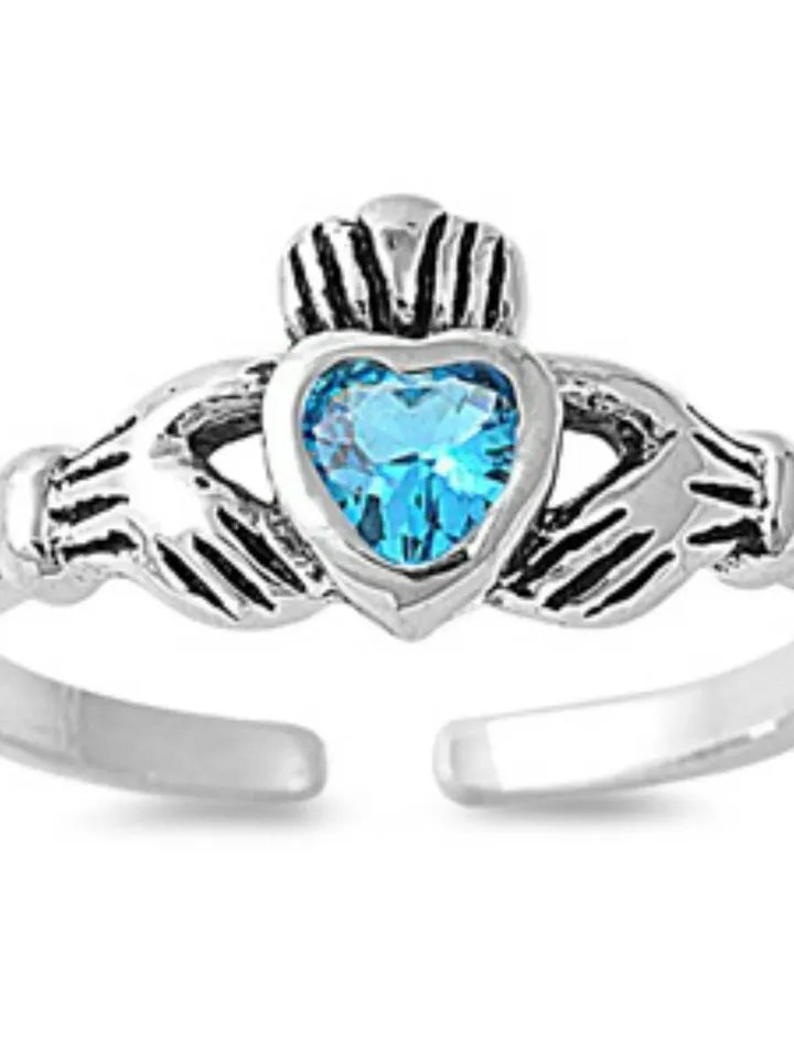 Toe Ring, Sterling Silver Claddagh, Irish Wedding Band, Heart Crown Aquamarine CZ March Birthstone Adjustable Love Friendship Loyalty