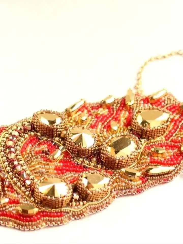 Gold salamander necklace beaded crystal necklace embroidered red pendant