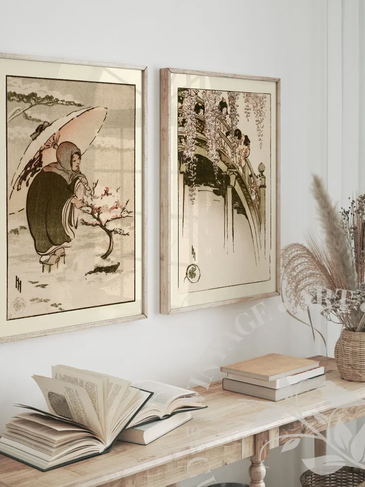 Vintage Japanese Art Prints Set of 2, Asian PRINTABLE Muted Wall Art, Minimalist Home Decor, Digital | #225 S2