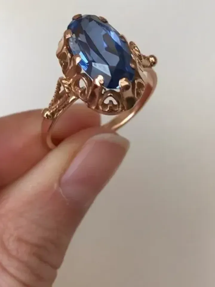 Elegant Vintage 14K Ring USSR 583 Rose Gold with star sapphire corundum stone Soviet Retro Russian Women's jewelry gift for woman
