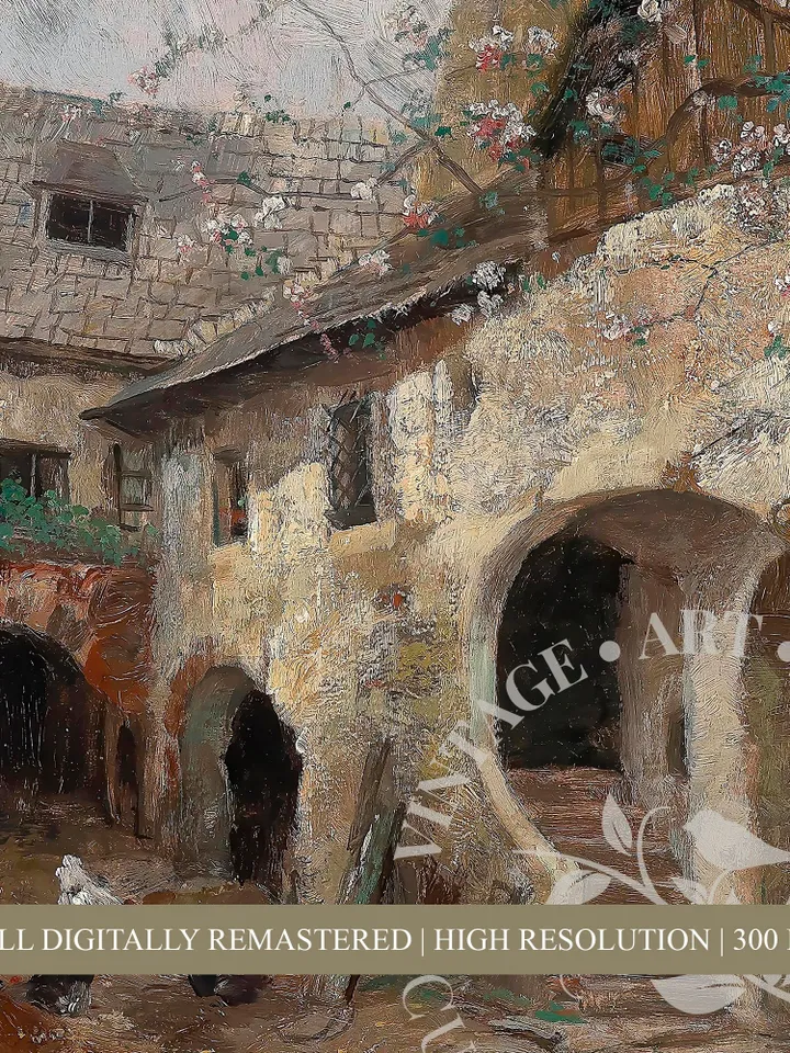 Cottage Yard Vintage Painting, Architecture PRINTABLE Downloadable, Antique Large Wall Art | 151