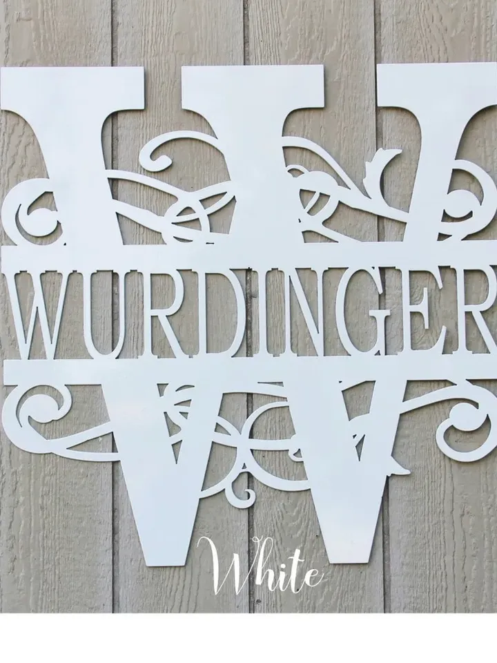 Fancy scrolled monogram Family name sign, front porch decorative sign,  decorative address sign, Custom metal sign.