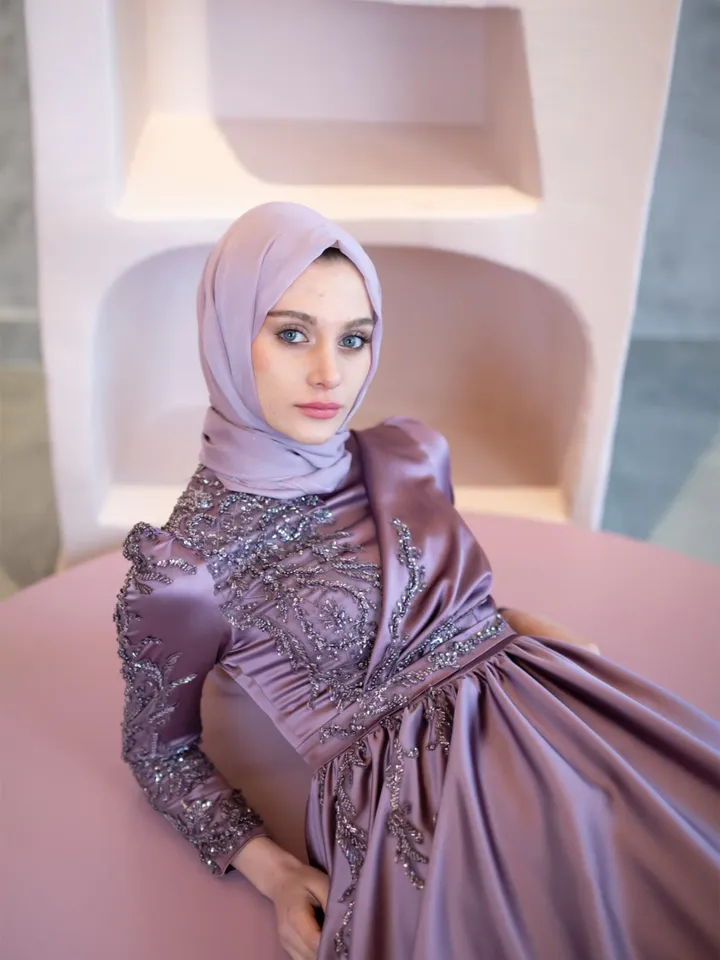 AHUNARE HIJAB - Lara Romantik  Lilac Satin Wedding Dress, Muslim Evening Gown, Nikah, Islamic Wedding, Engagement, Bridesmaid,